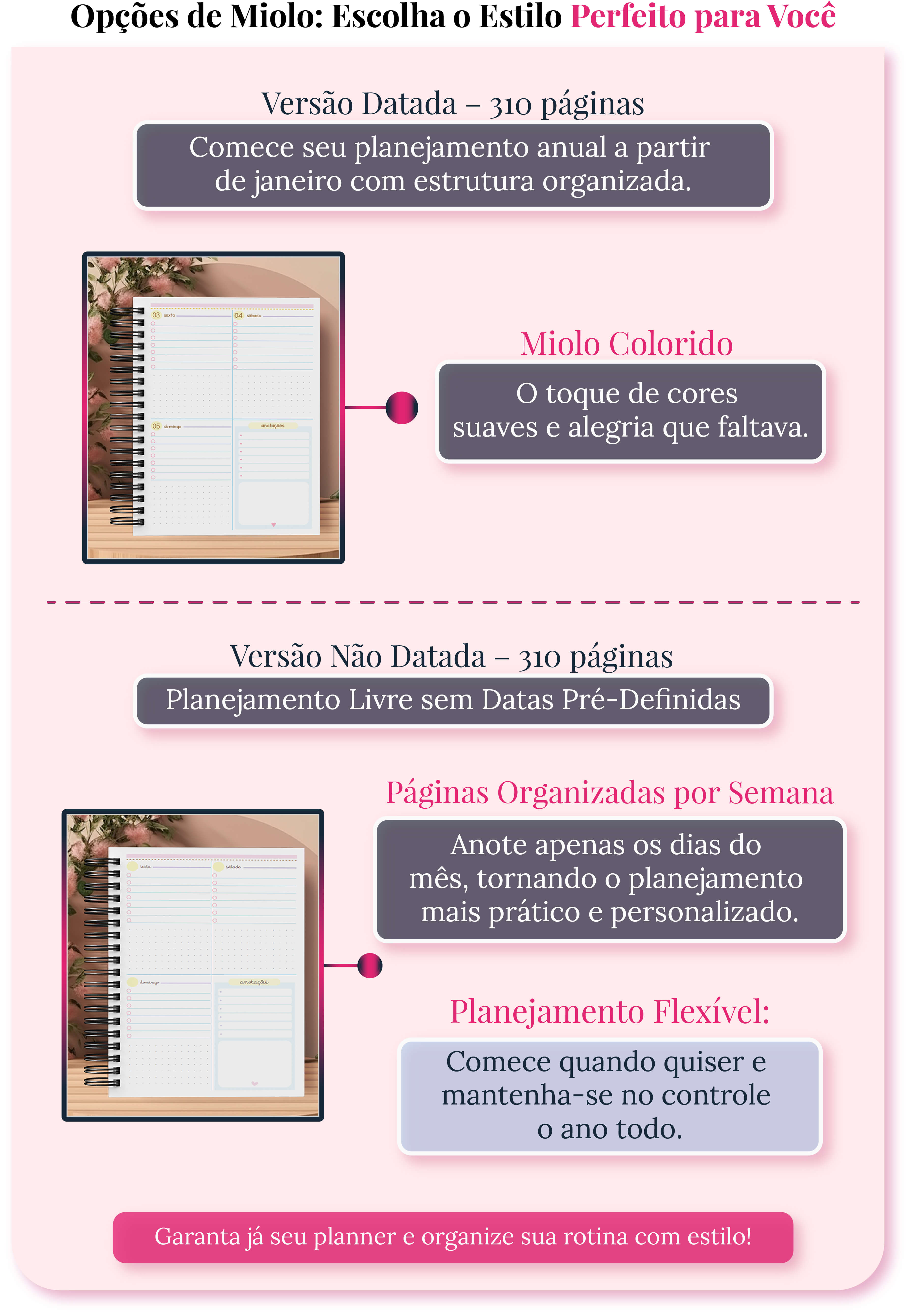 Escolha entre o miolo datado ou não datado do Planner Coordenadora 2025. Planeje seu ano escolar de forma flexível e com estilo.